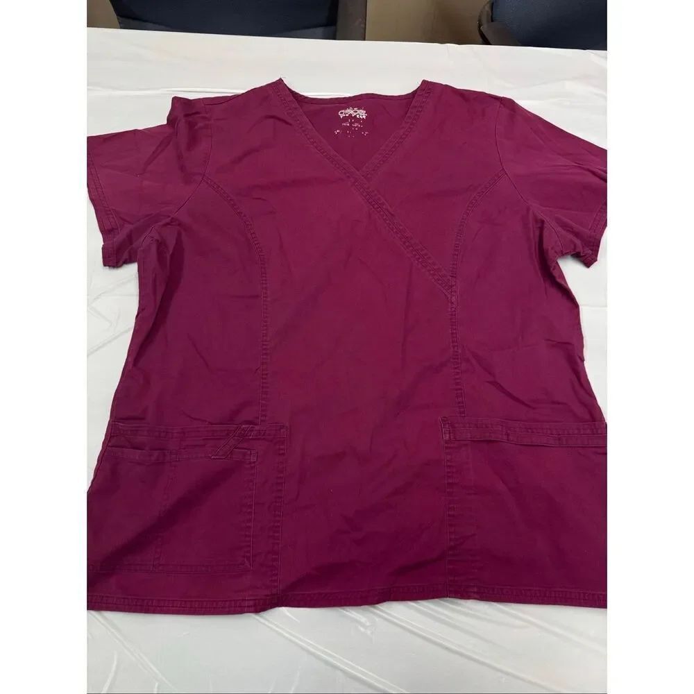 Cherokee Wine Colored Short Sleeve Mock Wrap Princess Seam Scrub Top Size XL